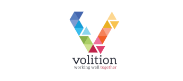 Volition logo, which is a large multicoloured V, above the world Volition, above the words 'working well together'