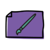 A purple piece of paper with a green paint brush lying acoss it