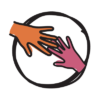 A rough circle containing an orange hand reaching diagonally down to a pink hand, the fingers touching
