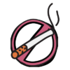 A cigarette contained in a pink circle with a diagonal line across it, to represent not smoking