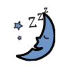 2 stars and a crescent moon with a smiling face in profile and the letters Zzz, representing sleep