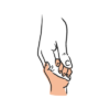 A large white human hand with a black outline reaching down to hold a small child's hand with a mid skin tone.