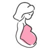 The black outline of the head and body of a pregnant person wearing a pink top. Their arm is holding their pregnancy bump and their pink top looks like a heart shape.