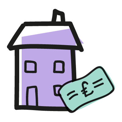 A purple house with a large green bank note showing a pound sign