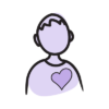 The head and shoulders of a person with and a dark purple heart on their pale purple t-shirt