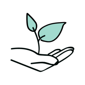 The black outline of a hand cupped to hold a small green plant with 2 leaves to represent self-care or connecting with nature.