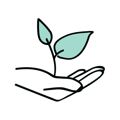 The black outline of a hand cupped to hold a small green plant with 2 leaves to represent self-care or connecting with nature.