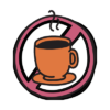An orange cup and saucer with hot coffee. Cup is in a pink circle with a diagonal line across it, representing not drinking caffeine