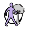 A circle with a purple person walking in front of a grey tree
