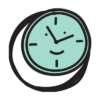 A roughly drawn circle containing a green clock face with a smile on the face