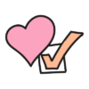 A large pink heart shape next to a white check box marked with an orange tick