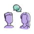 The head and shoulders of 2 purple people facing each other, both have an empty green speech bubble, to suggest talking and listening to each other