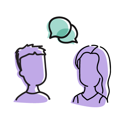 The head and shoulders of 2 purple people facing each other, both have a green speech bubble, to suggest talking and listening to each other