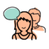 The head and shoulders of 2 smiling orange people, the person in front has an empty green speech bubble.