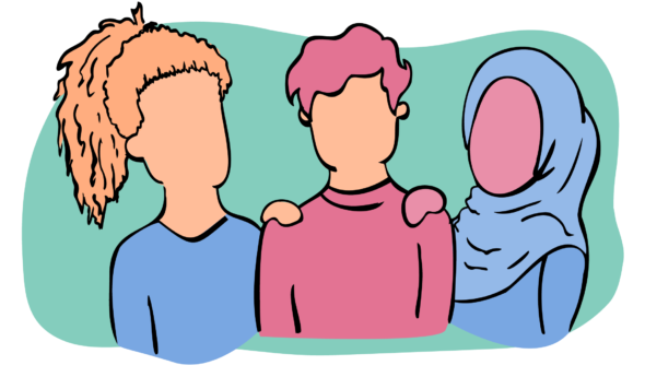 A green shape containing 3 people with different skin tones close together and supporting each other, 1 has hair in a ponytail, 1 has short wavy hair and the other is wearing a blue hijab
