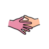 A pink hand reaching out to an orange hand, the fingers overlapping