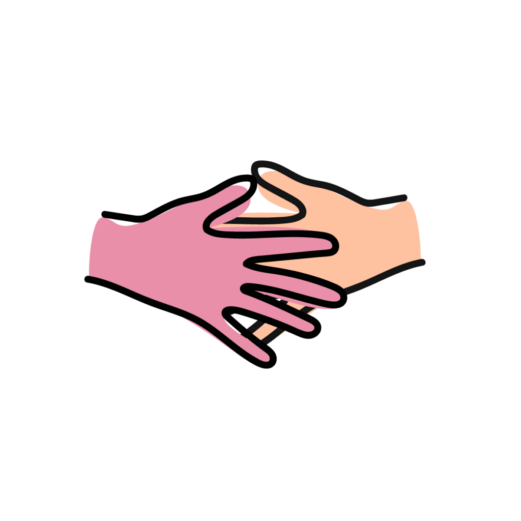 A pink hand reaching out to an orange hand, the fingers overlapping