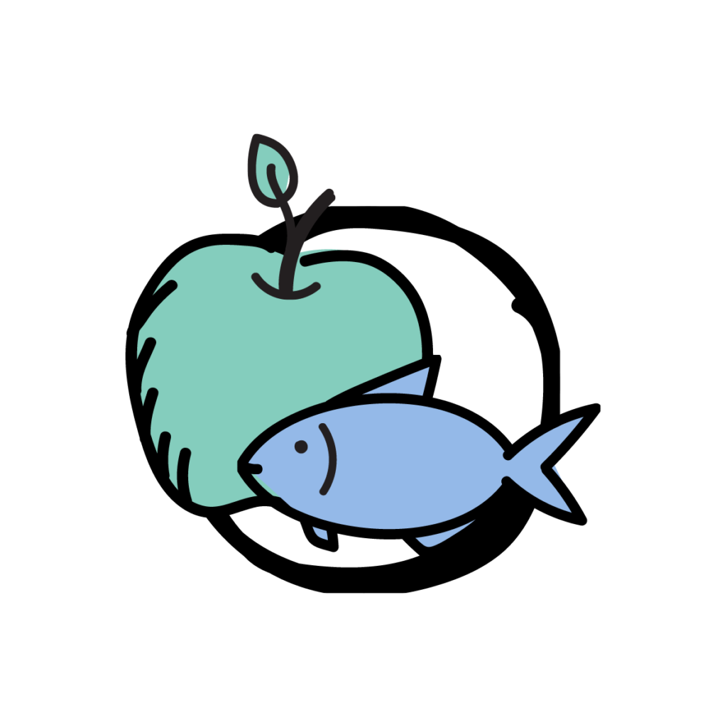 A rough circle containing a large green apple with a small leaf next to a blue fish