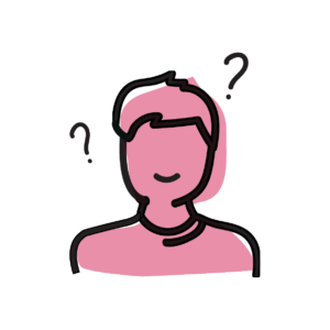 The head and shoulders of a smiling pink person with question marks floating near their head