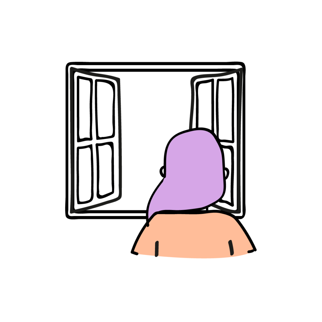An open window with a person with long purple hair and an orange top looking out, their back to the viewer.