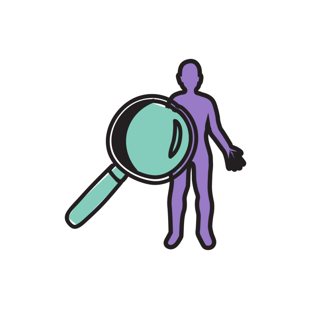 A green magnifying glass focussing on a human body, coloured purple.