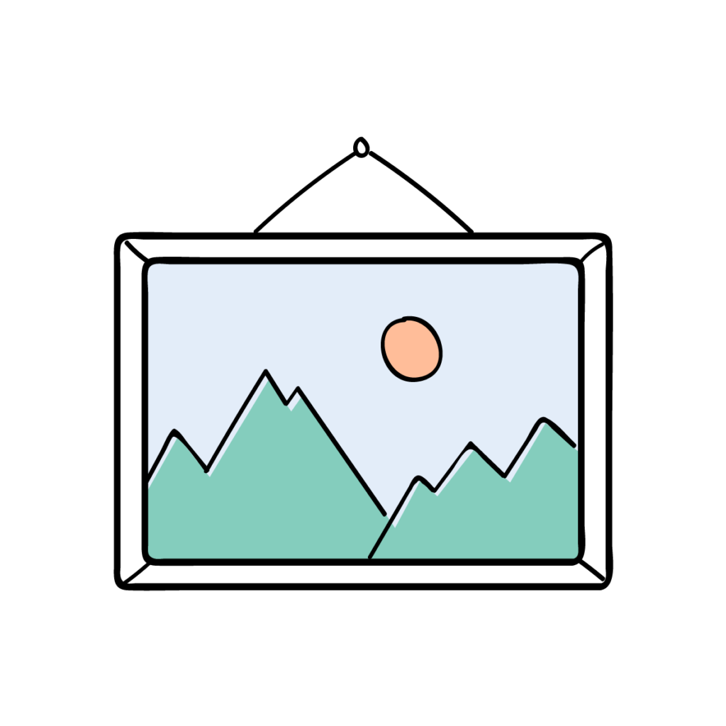 A picture hanging on a wall, showing green landscape under a blue sky and orange sun