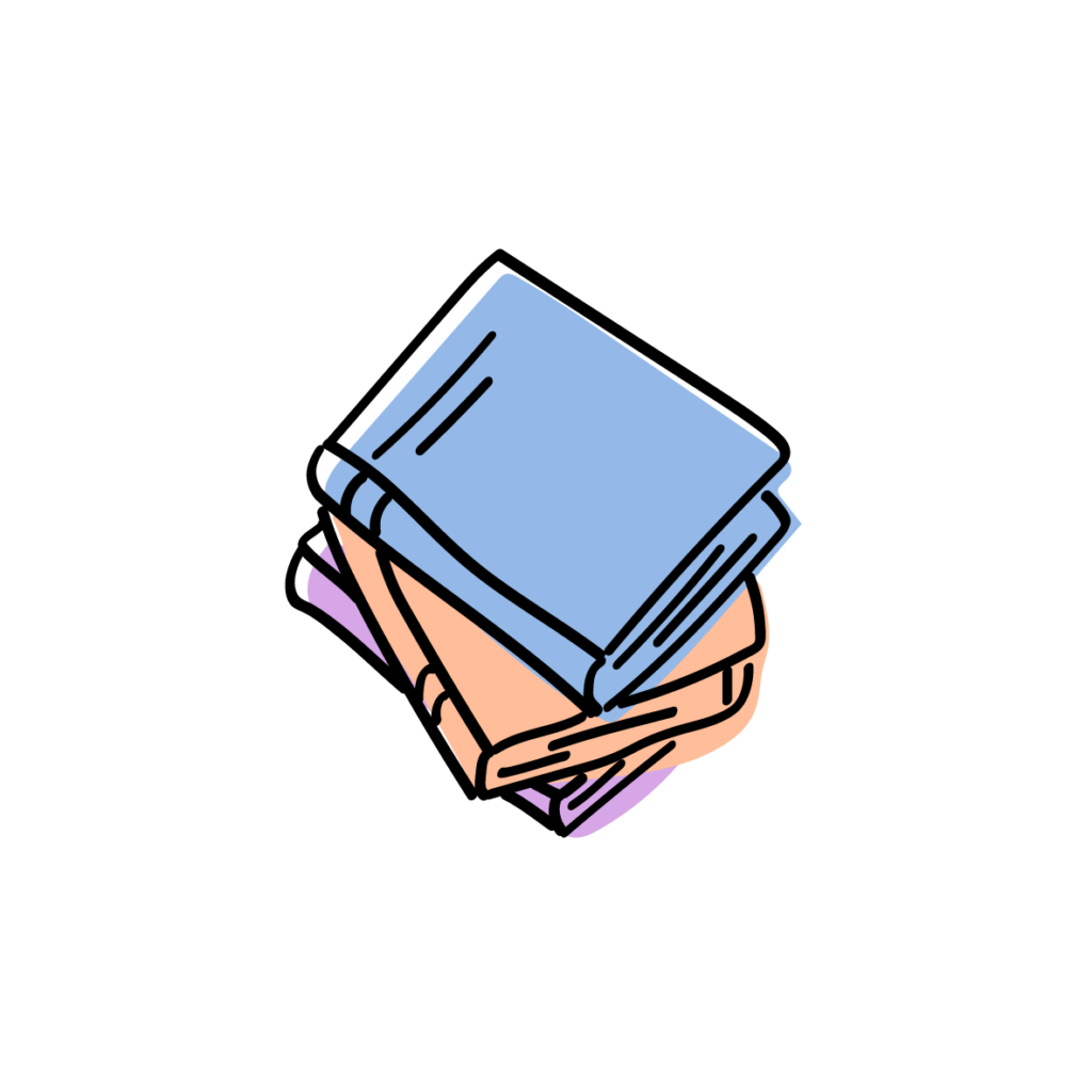 A stack of 3 books, blue on top and orange and purple below