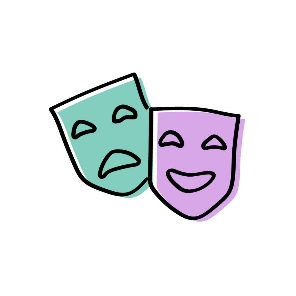2 masks to represent the theatre, the green mask has a sad expression and the purple mask is smiling