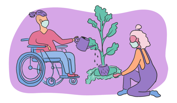 A purple background with 2 people wearing face coverings caring for a large plant, one person is sitting in a wheelchair and watering the plant, the other person is kneeling