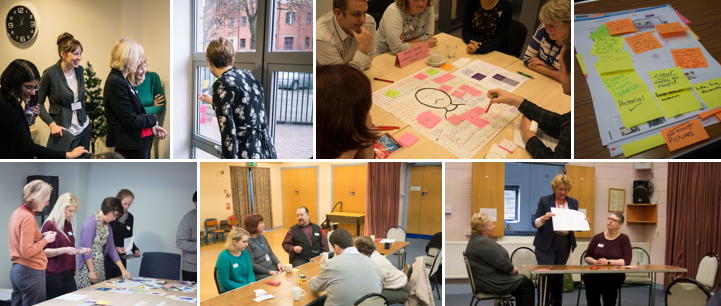 Collection of photos showing people with flip chart and sticky notes, discussing MindWell