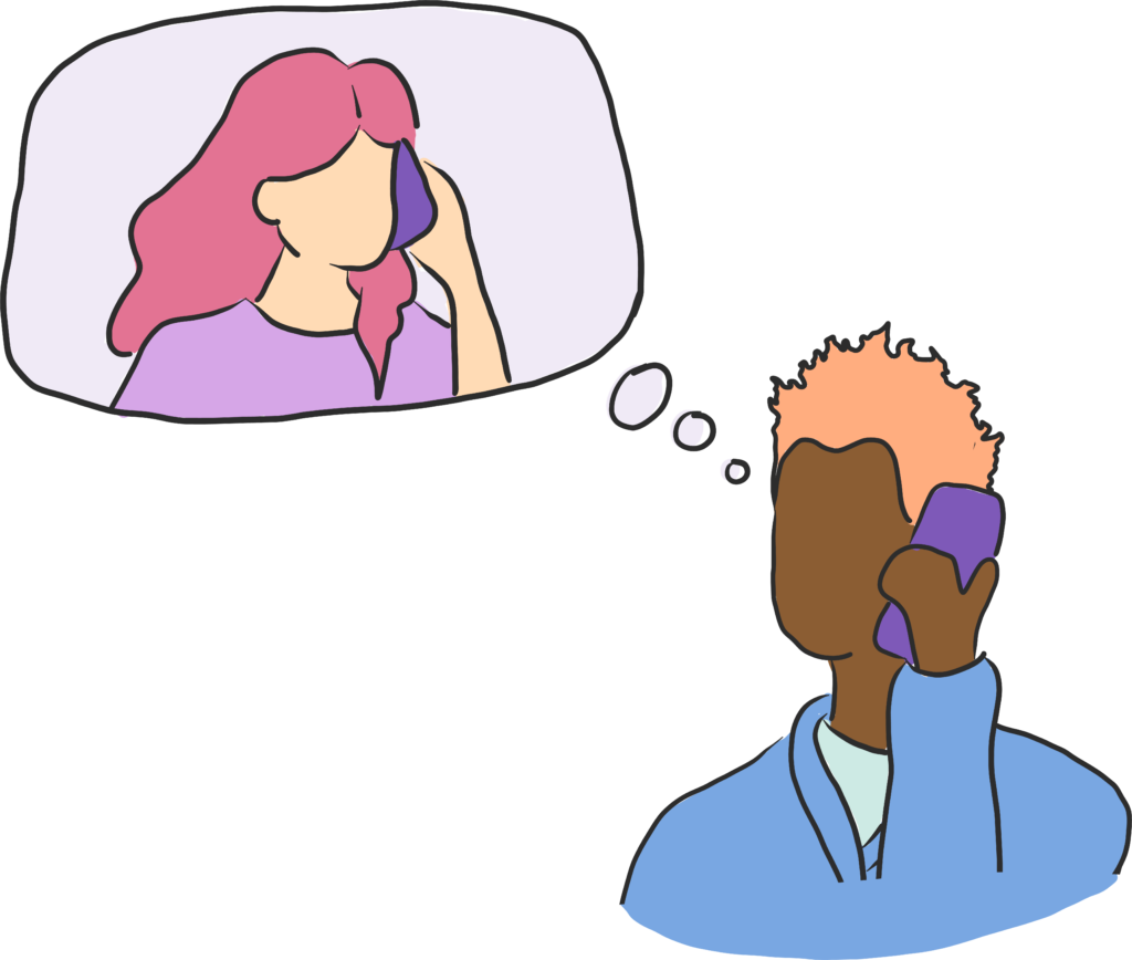 A person with a dark skin tone and tousled short, orange hair holding a phone to their ear. A though bubble is above them containing a person with a light skin tone and long pink hair, also holding a phone to their ear. It suggests they're talking on the phone.