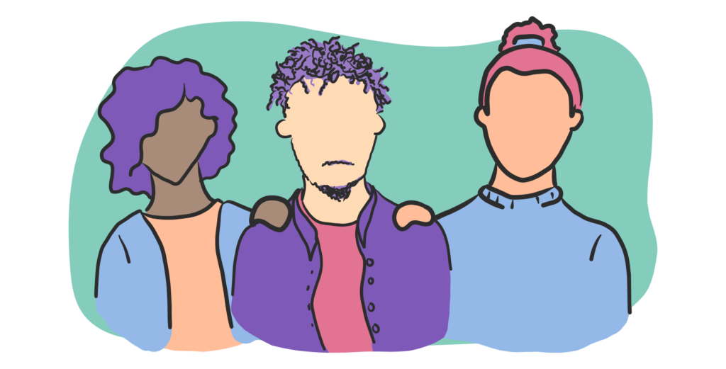 A green shape with 3 people with different skin tones close together or supporting each other. 1 has a darker skin tone and bushy, purple hair, 1 a lighter skin tone, short dreadlocks and a small beard, the last has a mid skin tone and pink hair in a top knot.