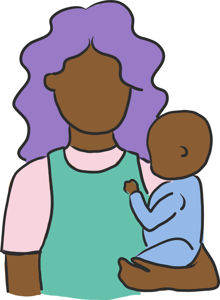 A person with a dark skin tone and long wavy hair holding a baby with a dark skin tone and blue baby grow.