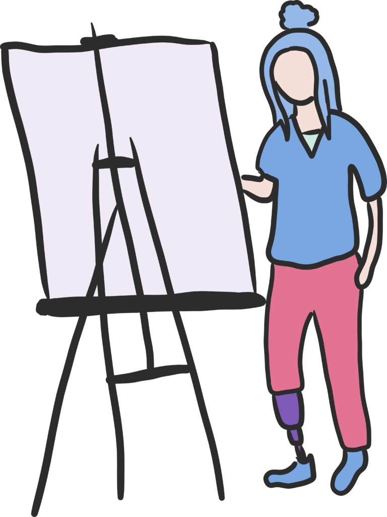 A person painting, standing behind an easel with a large canvas. They have a light skin tone, long, blue hair worn loose and in a top knot and have a prosthetic right leg.