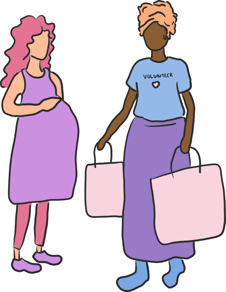 2 people standing together, the first has a mid skin tone, long, pink, wavy hair and is pregnant. The other has a dark skin tone, their hair up and wrapped in a scarf and wears a hoop earring. They are carrying 2 shopping bags, as a volunteer delivering to the pregnant person.