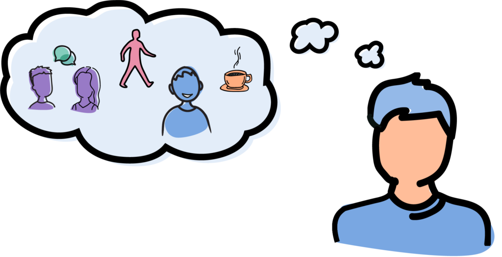 The head and shoulders of a person a mid skin tone, with short blue hair and a blue top. There is a thought bubble above them with different actvites: 2 people chatting, a person walking, a person smiling and a cup of tea or coffee.