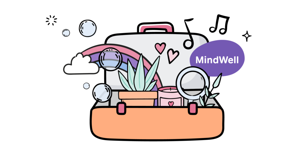 MindWell Back to your senses campaign logo: in green text: Back to your senses, In our purple pebble logo: with MindWell. Then the image of an orange toolbox with lots of lovely items coming out of it: a plant, bubbles, a cloud with a rainbow, a candle, a magnifying glass and musical notes.