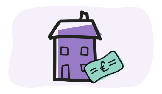 A purple house with a large green bank note showing a pound sign.