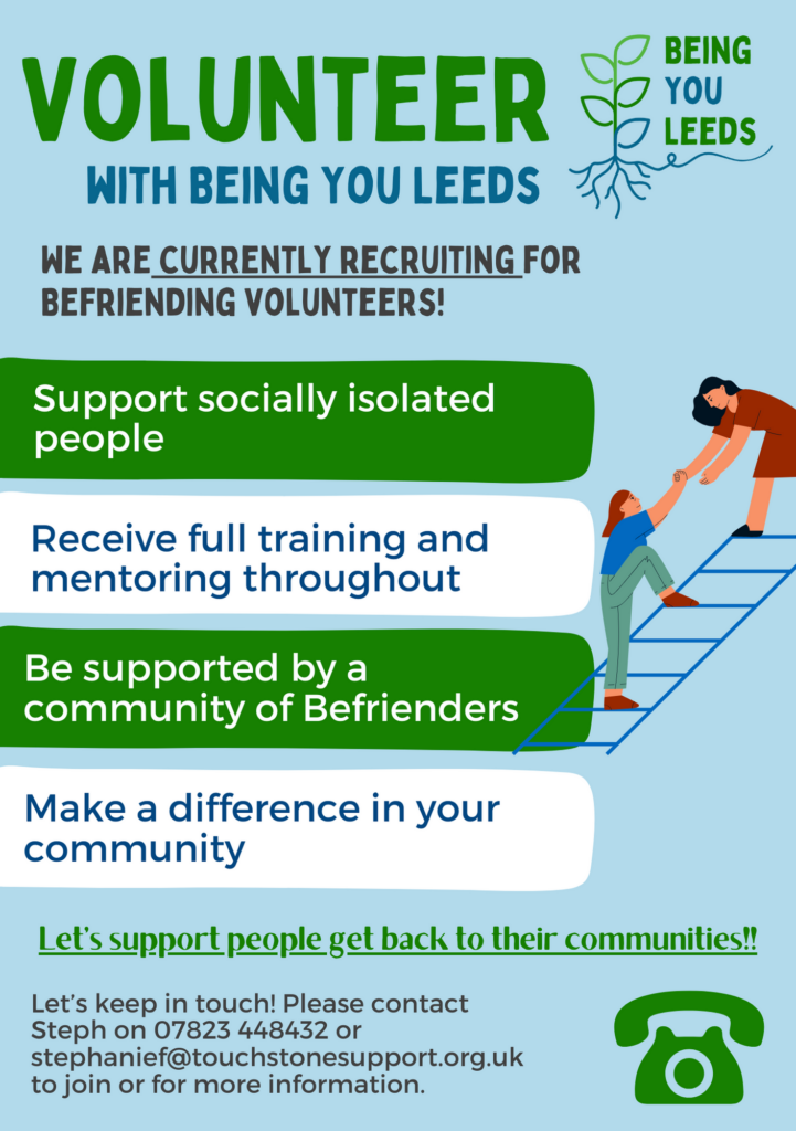 A flyer promoting befriending volunteering with Being You Leeds.