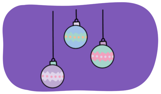 3 festive colourful baubles, as might be found on a Christmas tree