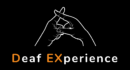 The logo for Deaf Experience. It is on a black background with a drawing of two hands performing sign language. Below this is the name of Deaf Experience.