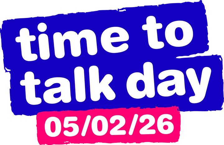 Time to Talk Day logo with the date 05/02/26 in white text on blue and pink background